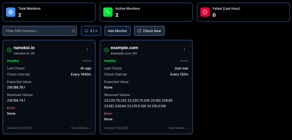 DNS Monitoring Dashboard - Real-time DNS resolution tracking, DNS health checks, and comprehensive DNS monitoring analytics